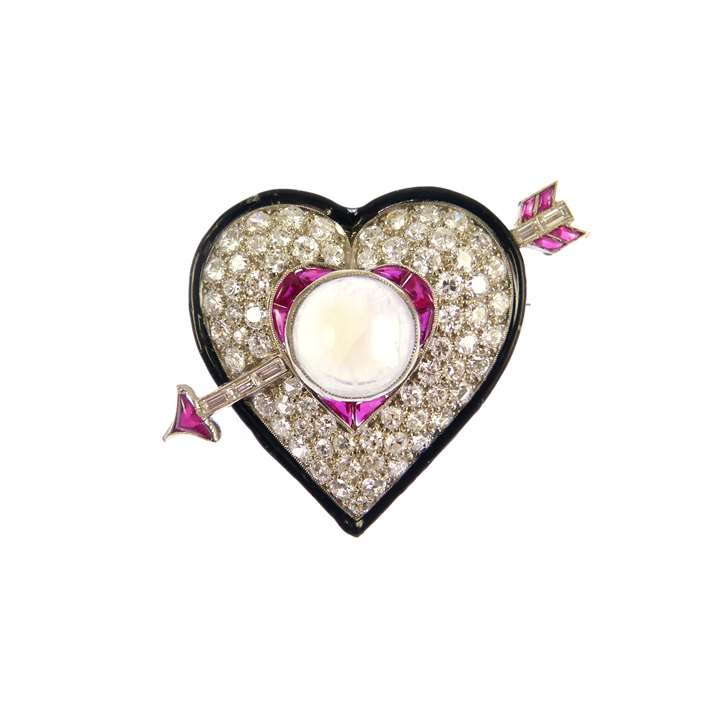 Early Art Deco diamond, ruby and moonstone heart and arrow brooch